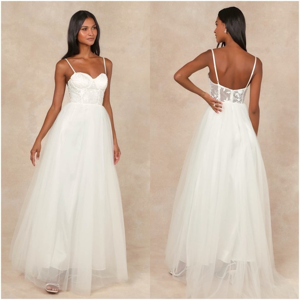 LULU’S Ethereal Romance White Sleeveless Embroidered Bustier Maxi Dress